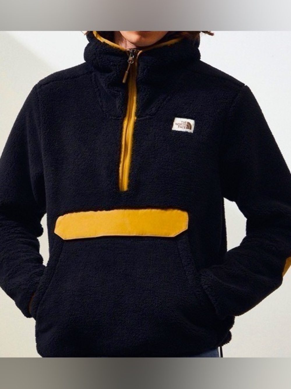 The North Face Kids Black Sherpa Pullover with Tan Trim